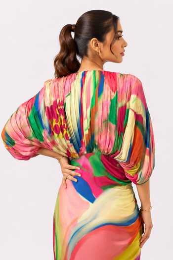 Shop_Poppi_Multicolor Bemberg, Silk V-neck Primrose Draped Maxi Dress _Online_at_Aza_Fashions