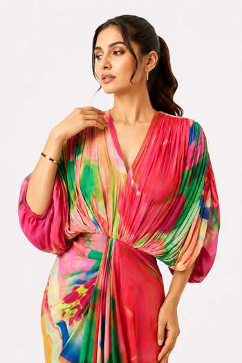Poppi_Multicolor Bemberg, Silk V-neck Primrose Draped Maxi Dress _at_Aza_Fashions