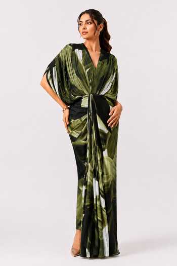 Buy_Poppi_Multi Color Silk, Bemberg V-neck Jade Draped Maxi Dress _at_Aza_Fashions