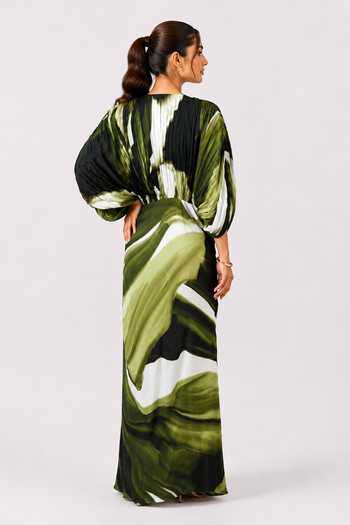 Shop_Poppi_Multi Color Silk, Bemberg V-neck Jade Draped Maxi Dress _at_Aza_Fashions