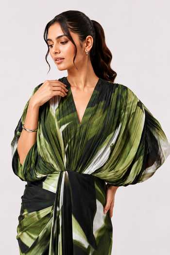 Buy_Poppi_Multi Color Silk, Bemberg V-neck Jade Draped Maxi Dress _Online_at_Aza_Fashions