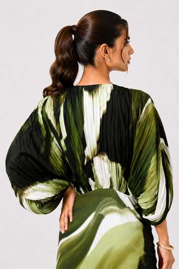 Shop_Poppi_Multi Color Silk, Bemberg V-neck Jade Draped Maxi Dress _Online_at_Aza_Fashions