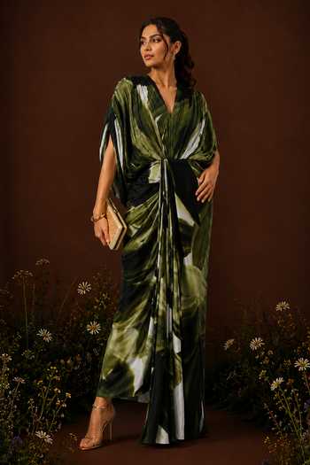 Poppi_Multi Color Silk, Bemberg V-neck Jade Draped Maxi Dress _at_Aza_Fashions
