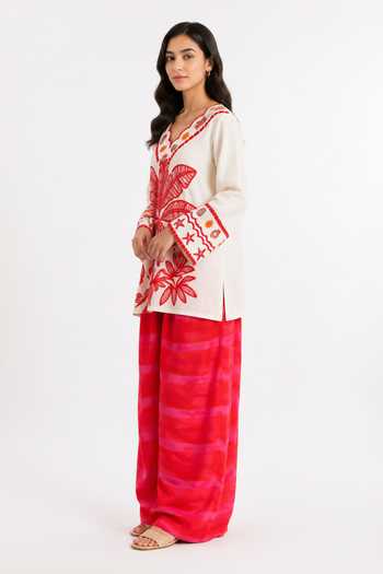 Poppi_White Cotton V-neck Parakeet Botanical Print Kurta And Salwar Set _Online_at_Aza_Fashions