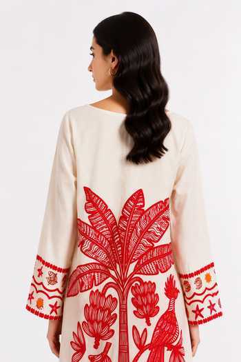 Poppi_White Cotton V-neck Parakeet Botanical Print Kurta And Salwar Set _at_Aza_Fashions