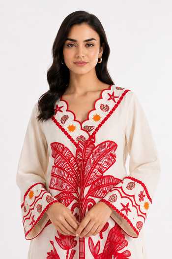 Buy_Poppi_White Cotton V-neck Parakeet Botanical Print Kurta And Salwar Set 