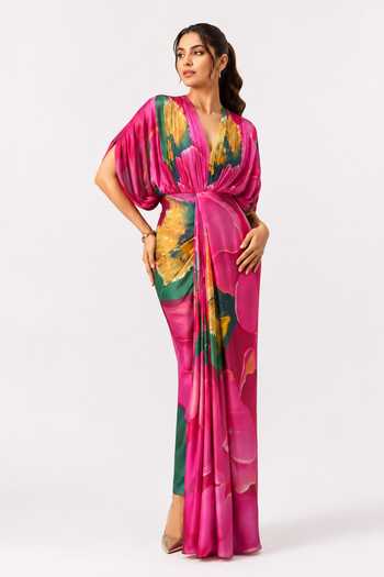 Poppi_Multi Color Silk, Bemberg V-neck Caspia Printed Draped Maxi Dress _Online_at_Aza_Fashions