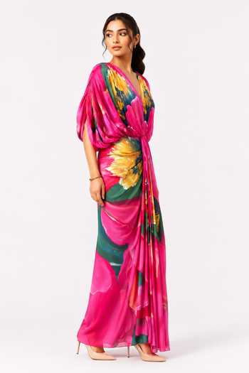 Buy_Poppi_Multi Color Silk, Bemberg V-neck Caspia Printed Draped Maxi Dress _Online_at_Aza_Fashions