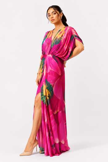 Shop_Poppi_Multi Color Silk, Bemberg V-neck Caspia Printed Draped Maxi Dress _Online_at_Aza_Fashions