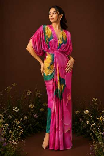 Buy_Poppi_Multi Color Silk, Bemberg V-neck Caspia Printed Draped Maxi Dress _at_Aza_Fashions