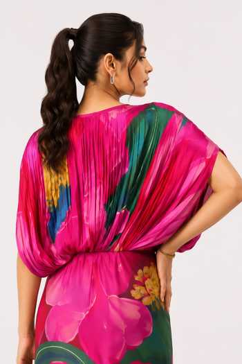 Poppi_Multi Color Silk, Bemberg V-neck Caspia Printed Draped Maxi Dress _at_Aza_Fashions