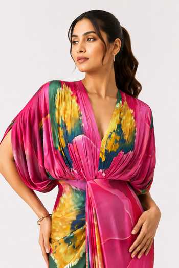 Buy_Poppi_Multi Color Silk, Bemberg V-neck Caspia Printed Draped Maxi Dress 