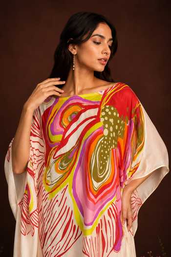 Poppi_Multi Color Silk, Bemberg Boat Neck Abstract Print Kaftan _Online_at_Aza_Fashions