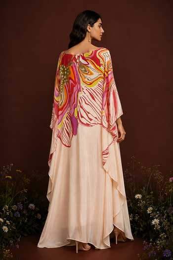 Shop_Poppi_Multi Color Silk, Bemberg Boat Neck Abstract Print Kaftan _at_Aza_Fashions