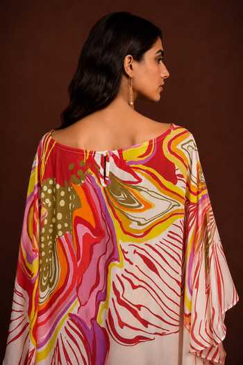 Shop_Poppi_Multi Color Silk, Bemberg Boat Neck Abstract Print Kaftan _Online_at_Aza_Fashions