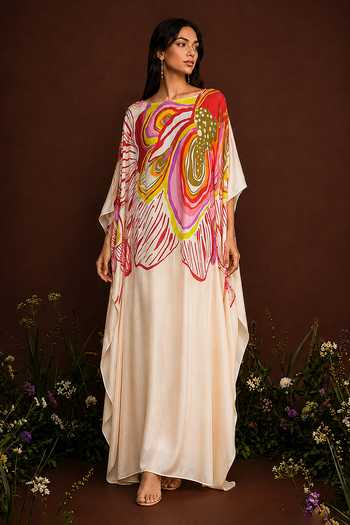 Buy_Poppi_Multi Color Silk, Bemberg Boat Neck Abstract Print Kaftan _at_Aza_Fashions