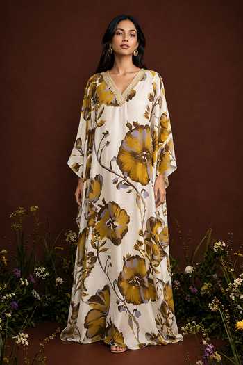 Buy_Poppi_Multi Color Silk, Bemberg V-neck Floral Print Kaftan _at_Aza_Fashions