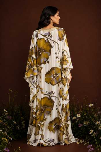 Shop_Poppi_Multi Color Silk, Bemberg V-neck Floral Print Kaftan _at_Aza_Fashions