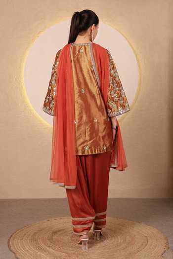 Tanu Malhotra_Brown Tissue, Satin, Modal, Net Mirror Embroidered Kurta Set _Online_at_Aza_Fashions