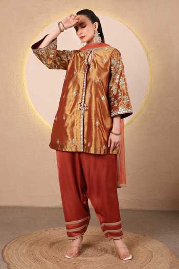 Buy_Tanu Malhotra_Brown Tissue, Satin, Modal, Net Mirror Embroidered Kurta Set _Online_at_Aza_Fashions