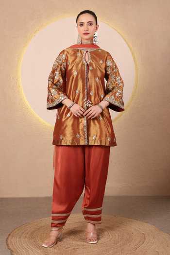 Buy_Tanu Malhotra_Brown Tissue, Satin, Modal, Net Mirror Embroidered Kurta Set _at_Aza_Fashions