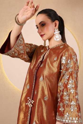 Shop_Tanu Malhotra_Brown Tissue, Satin, Modal, Net Mirror Embroidered Kurta Set _Online_at_Aza_Fashions