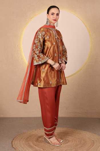 Shop_Tanu Malhotra_Brown Tissue, Satin, Modal, Net Mirror Embroidered Kurta Set _at_Aza_Fashions