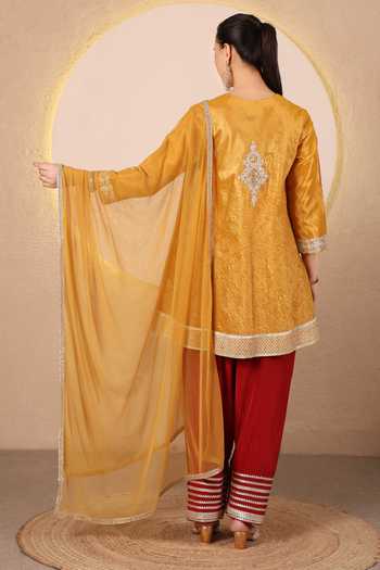 Shop_Tanu Malhotra_Yellow Tissue, Satin, Modal, Net Split V-neck, Neckline Embroidered Kurta Set _at_Aza_Fashions