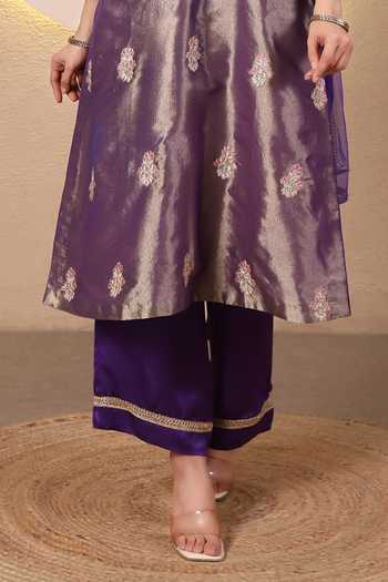 Buy_Tanu Malhotra_Purple Tissue, Modal, Satin, Net Split V-neck Embroidered Kurta Set _Online_at_Aza_Fashions