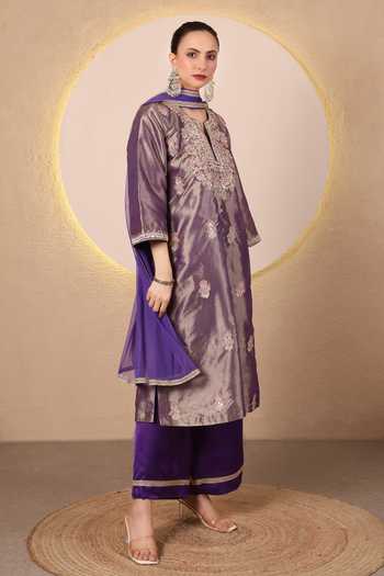 Shop_Tanu Malhotra_Purple Tissue, Modal, Satin, Net Split V-neck Embroidered Kurta Set _Online_at_Aza_Fashions