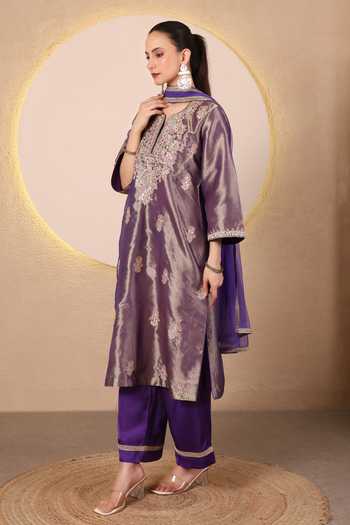 Shop_Tanu Malhotra_Purple Tissue, Modal, Satin, Net Split V-neck Embroidered Kurta Set _at_Aza_Fashions