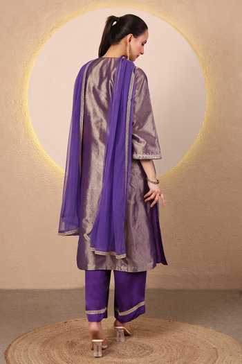 Tanu Malhotra_Purple Tissue, Modal, Satin, Net Split V-neck Embroidered Kurta Set _Online_at_Aza_Fashions