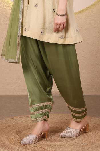 Tanu Malhotra_Beige Chanderi, Satin, Modal, Net Keyhole Mirror Work Angarkha Kurta Salwar Set _Online_at_Aza_Fashions