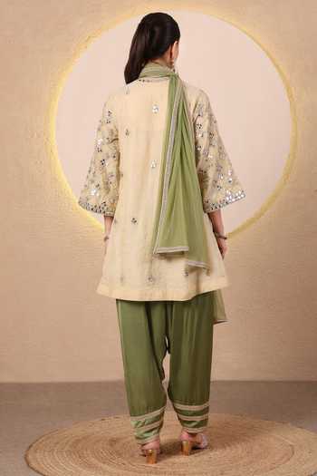 Shop_Tanu Malhotra_Beige Chanderi, Satin, Modal, Net Keyhole Mirror Work Angarkha Kurta Salwar Set _at_Aza_Fashions