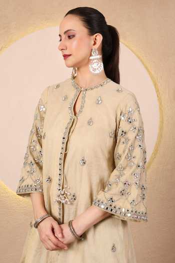 Buy_Tanu Malhotra_Beige Chanderi, Satin, Modal, Net Keyhole Mirror Work Angarkha Kurta Salwar Set _Online_at_Aza_Fashions