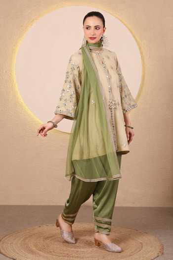 Tanu Malhotra_Beige Chanderi, Satin, Modal, Net Keyhole Mirror Work Angarkha Kurta Salwar Set _at_Aza_Fashions