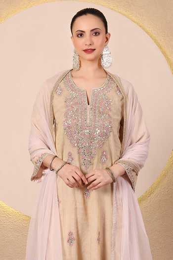 Buy_Tanu Malhotra_Beige Chanderi, Satin, Modal, Net Notched Neck Mirror Embroidered Kurta Set _Online_at_Aza_Fashions