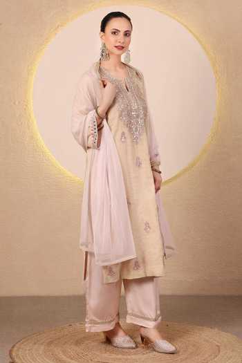 Shop_Tanu Malhotra_Beige Chanderi, Satin, Modal, Net Notched Neck Mirror Embroidered Kurta Set _Online_at_Aza_Fashions