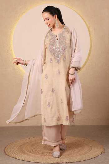 Tanu Malhotra_Beige Chanderi, Satin, Modal, Net Notched Neck Mirror Embroidered Kurta Set _at_Aza_Fashions