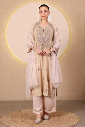 Buy_Tanu Malhotra_Beige Chanderi, Satin, Modal, Net Notched Neck Mirror Embroidered Kurta Set _at_Aza_Fashions