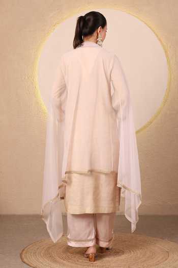 Shop_Tanu Malhotra_Beige Chanderi, Satin, Modal, Net Notched Neck Mirror Embroidered Kurta Set _at_Aza_Fashions