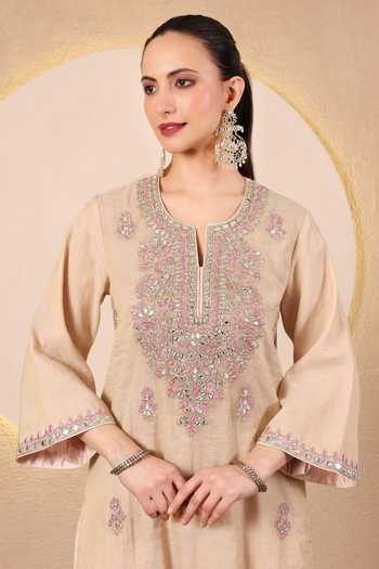 Buy_Tanu Malhotra_Beige Chanderi, Satin, Modal, Net Notched Neck Mirror Embroidered Kurta Set 