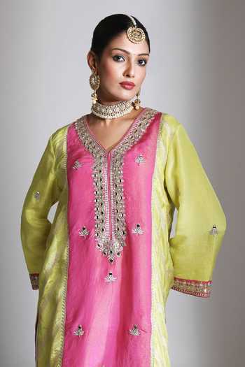 Shop_Tanu Malhotra_Pink Tissue, Organza V-neck, Yes Mirror Embroidered Kurta Set _Online_at_Aza_Fashions