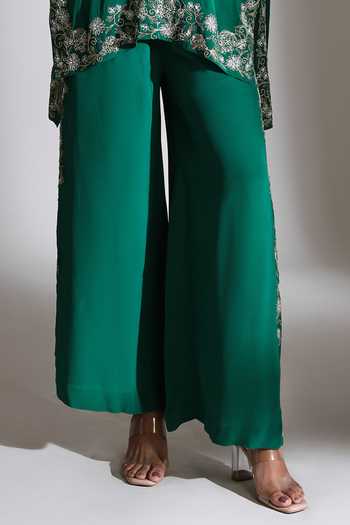 Tanu Malhotra_Green Crepe Round Neck Neckline Embroidered Top And Pant Set _Online_at_Aza_Fashions