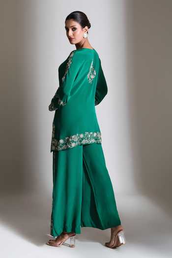 Buy_Tanu Malhotra_Green Crepe Round Neck Neckline Embroidered Top And Pant Set _Online_at_Aza_Fashions
