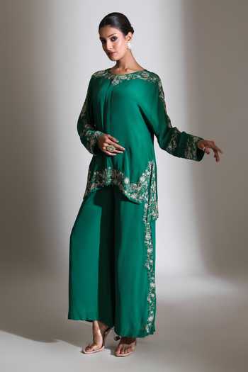 Shop_Tanu Malhotra_Green Crepe Round Neck Neckline Embroidered Top And Pant Set _Online_at_Aza_Fashions