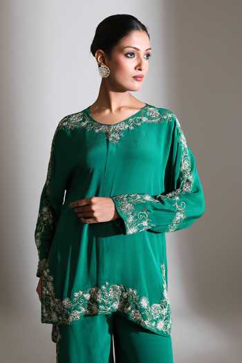 Shop_Tanu Malhotra_Green Crepe Round Neck Neckline Embroidered Top And Pant Set 