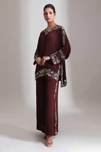 Buy_Tanu Malhotra_Maroon Crepe Round Neck Placement Embroidered Top And Pant Set _Online_at_Aza_Fashions