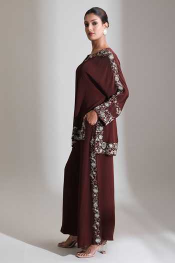 Shop_Tanu Malhotra_Maroon Crepe Round Neck Placement Embroidered Top And Pant Set _Online_at_Aza_Fashions
