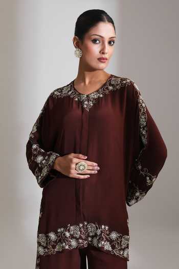 Buy_Tanu Malhotra_Maroon Crepe Round Neck Placement Embroidered Top And Pant Set 